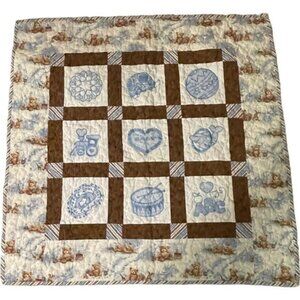 Vintage Baby Quilt With Teddy Bear & Blue Embroidery Design